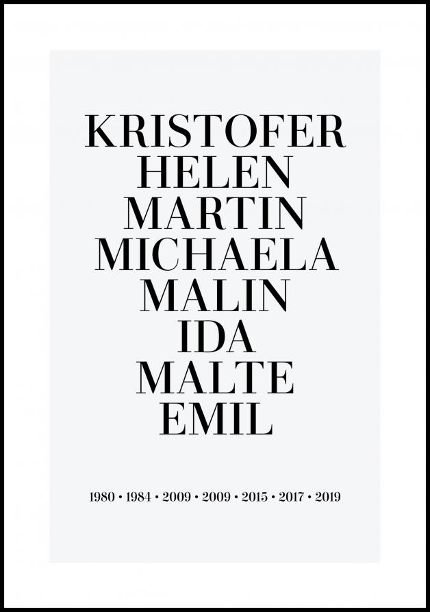 Personlig poster Family picture - 8 Names & Birth years - Grey