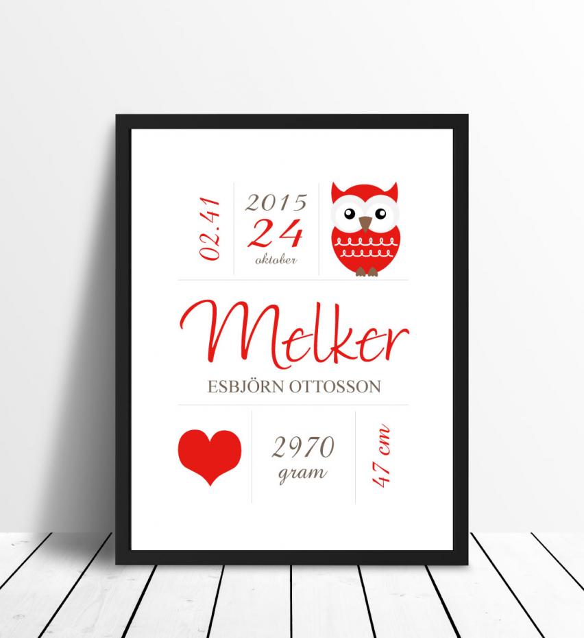 Personlig poster Owl Birth Poster Red