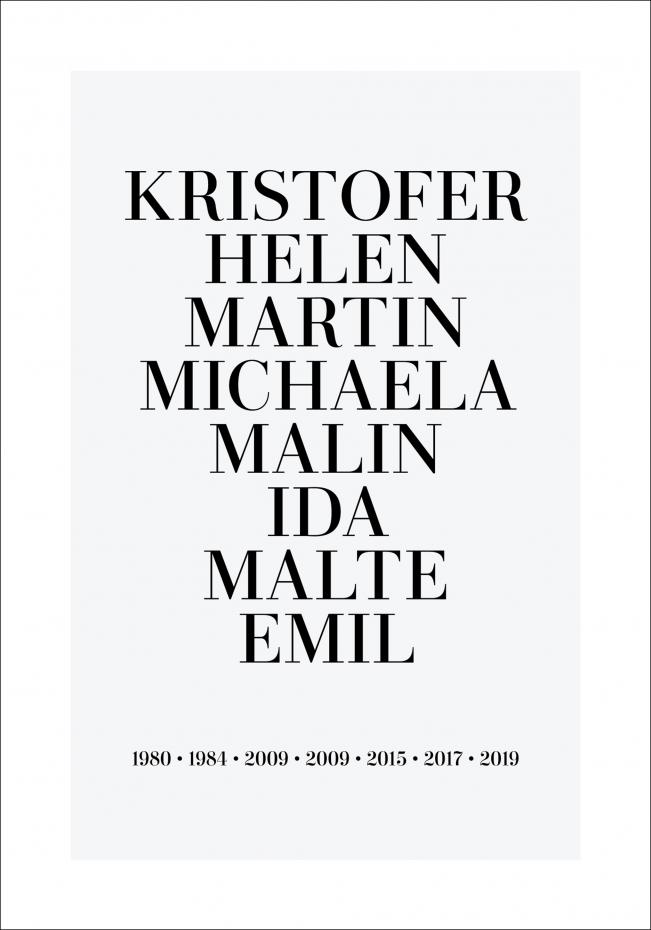 Personlig poster Family picture - 8 Names & Birth years - Grey