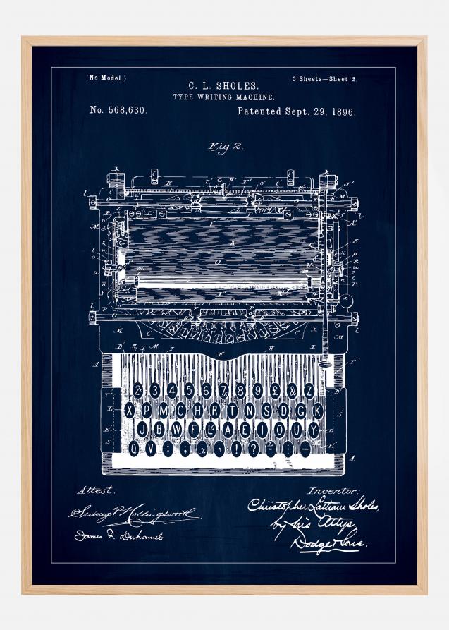 Bildverkstad Patent drawing - Typewriter - Blue Poster