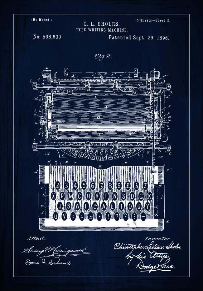 Bildverkstad Patent drawing - Typewriter - Blue Poster