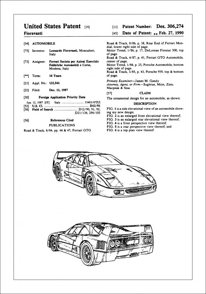 Bildverkstad Patent drawing - Ferrari F40 I Poster
