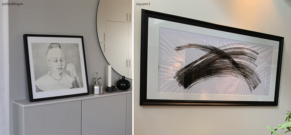 Two black made to measure picture frames with black and white picture