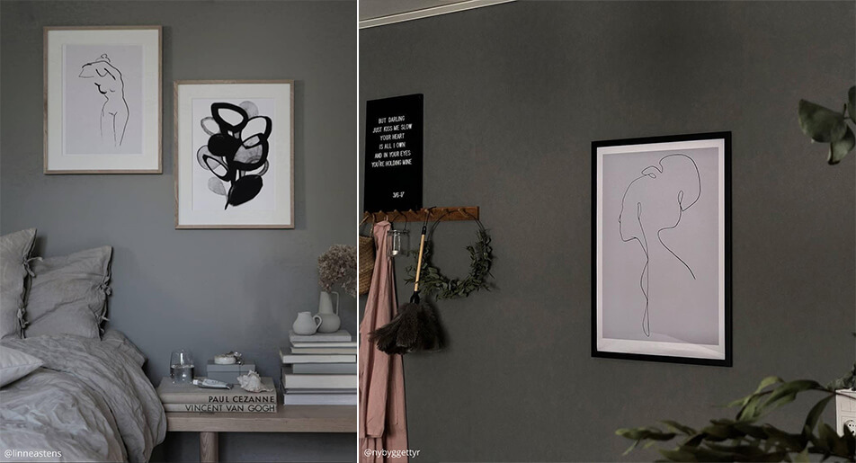 Light, graphical posters on dark walls