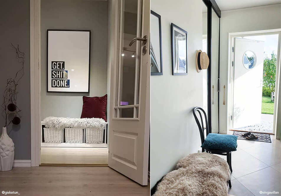 Decoration in the hall - bench with storage, black chair, and pictures