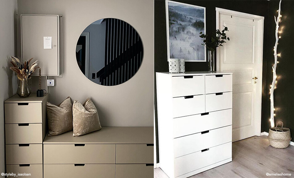 Decoration in hall - bench with storage and white drawers