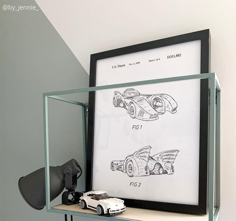 Childrens' room decor - Model car and poster with patent drawing of batmobile
