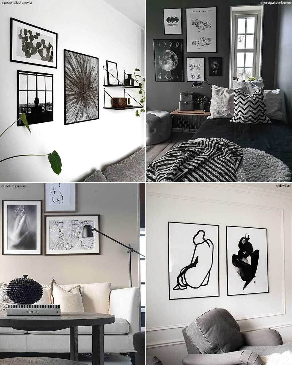 Pictures of living rooms and bedrooms with picture walls and black & white posters