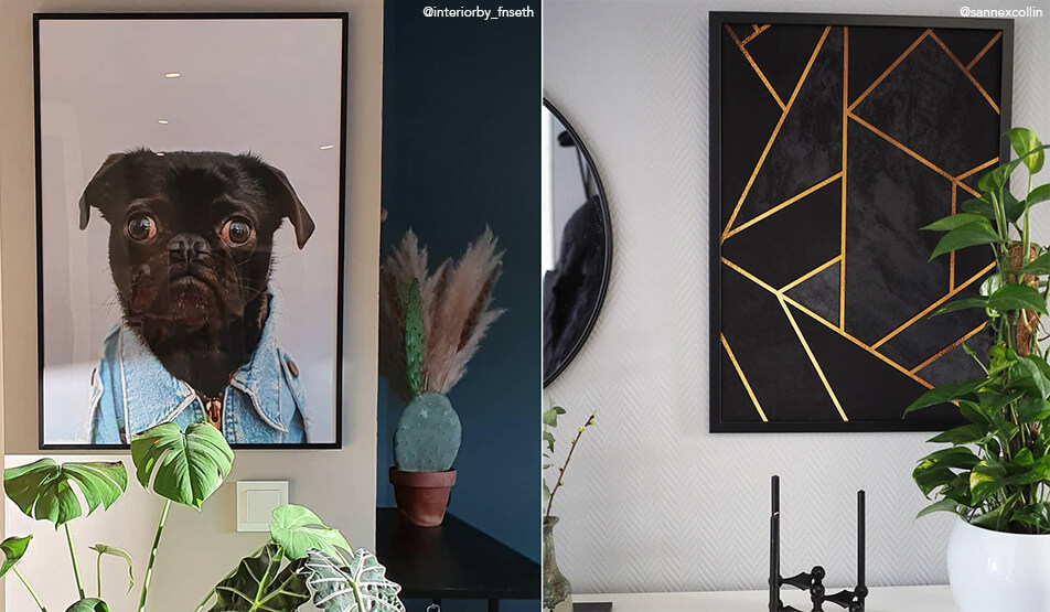 Hall decoration - poster with dog and black poster with golden lines